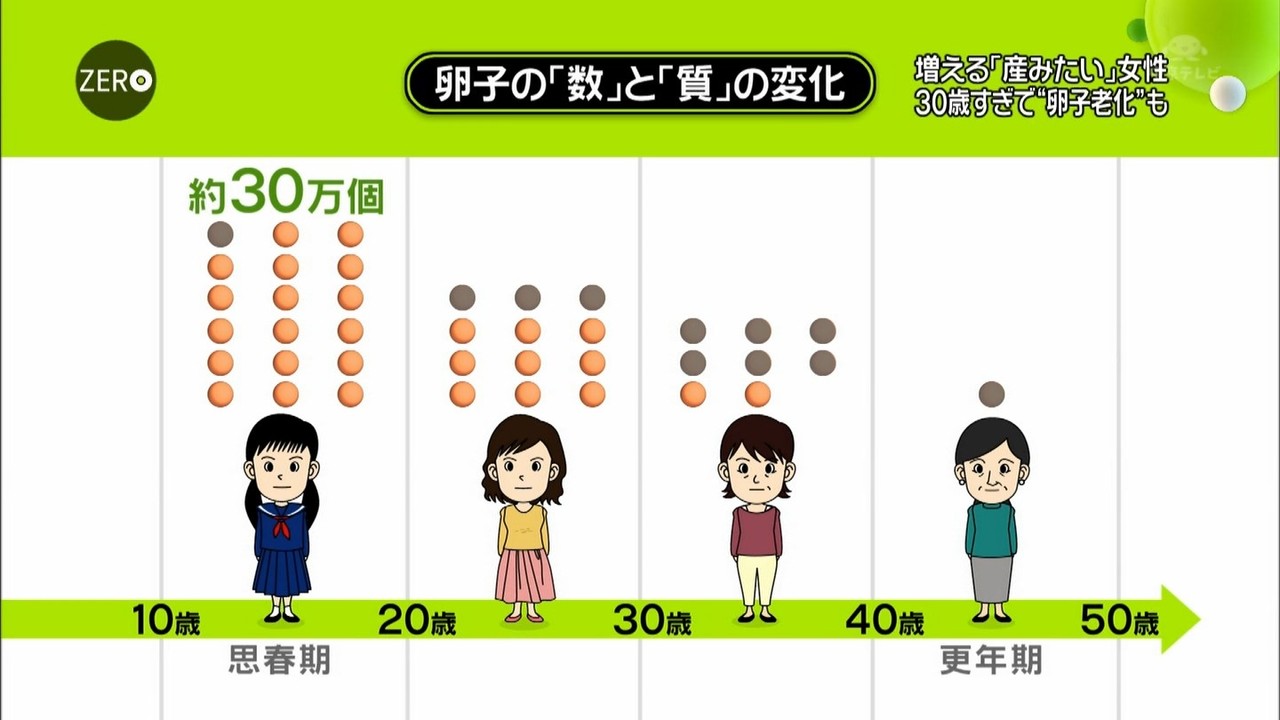 Lootone 卵子は生まれるときに一生分が作られて それを１０代から１個ずつ放出する感じ それが３０過ぎると劣化がひどくなってくる