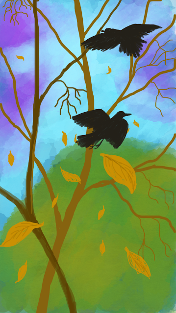 Two crows playing in the wind amidst falling leaves in a forest