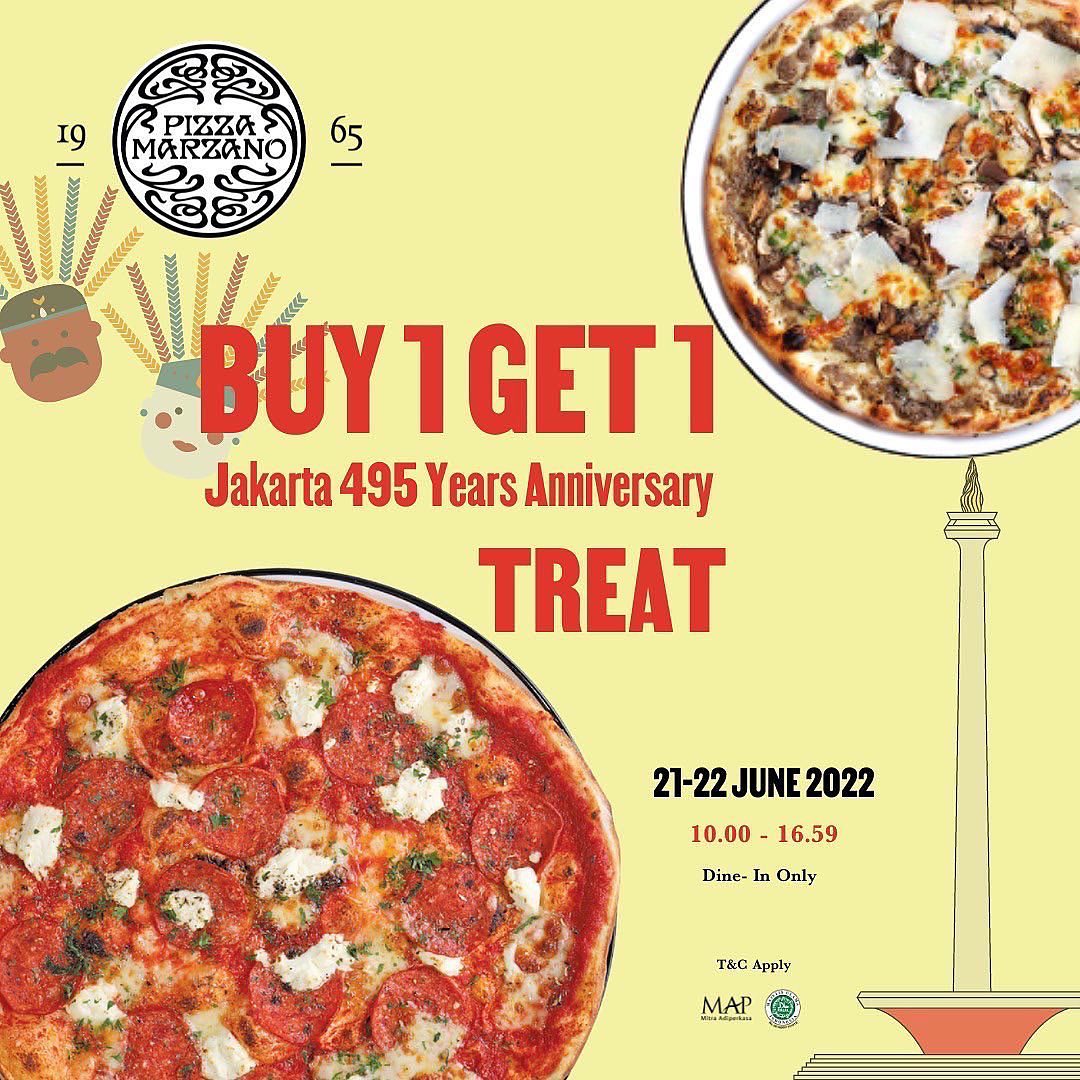 Pizza Marzano Promo HUT JAKARTA 495 - Buy 1 Get 1 Pizza