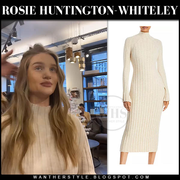 Rosie Huntington-Whiteley in cream ribbed high neck dress