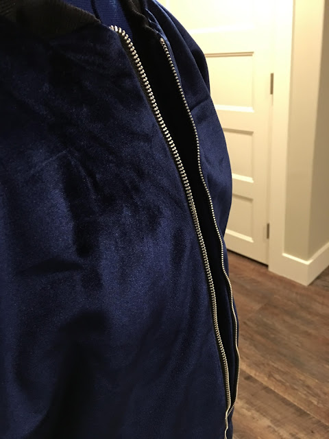 Blue velvet jacket using McCall's 7100 and fabric from Mood Fabrics - zipper