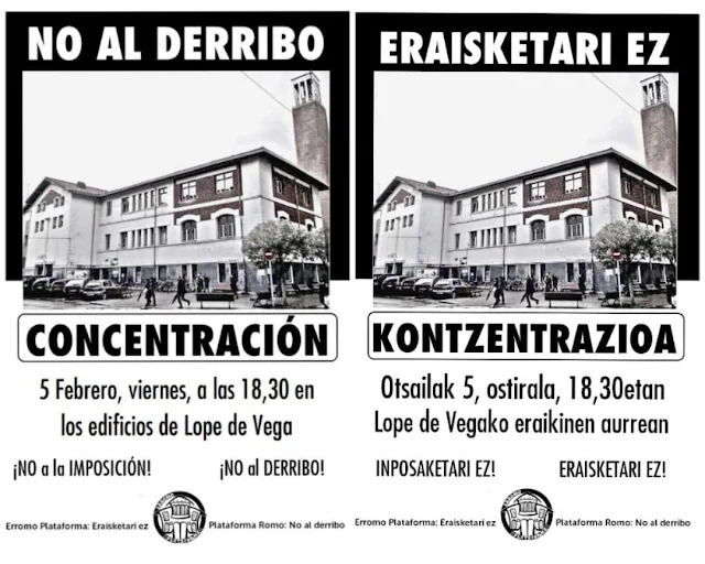 cartel de anuncio de la concentración contra el derribo de los edificios de lope de vega, el 5 de febrero de 2021 a las 18.30