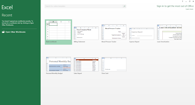 MS-Excel 2013 Welcome window