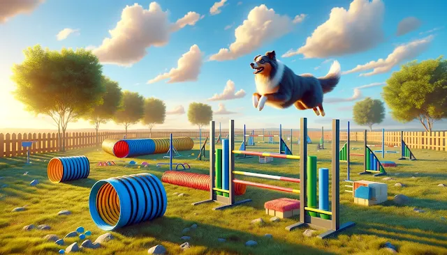 A realistic 3D landscape depicting an Australian Shepherd joyfully leaping over a hurdle in an agility course, with its owner cheering in the background, set under a clear late afternoon sky.
