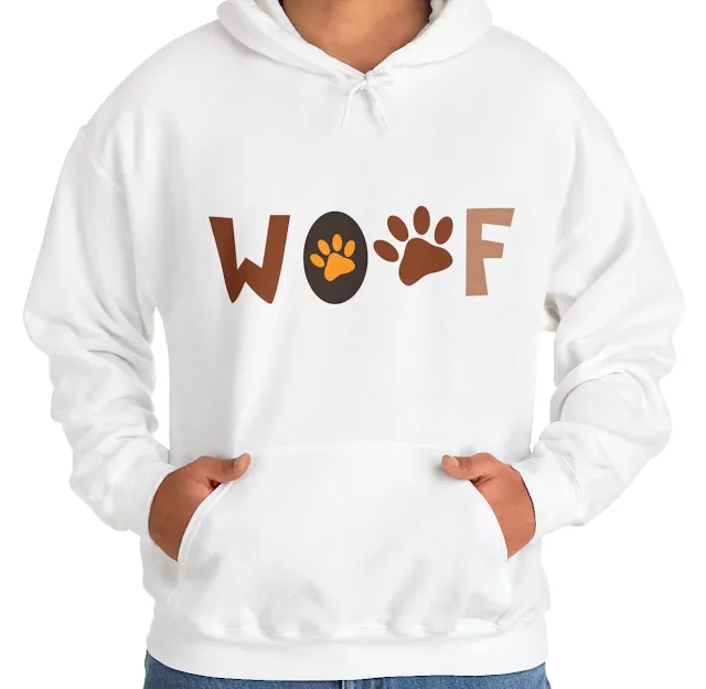 A Unisex Heavy Blend Hoodie With Dog Paws Print on WOOF Text