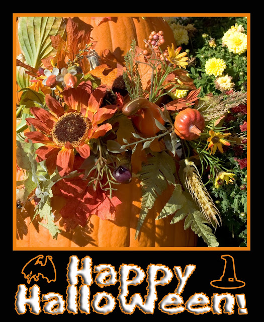 An autumn floral scene with pumpkins and a poster design for Halloween.