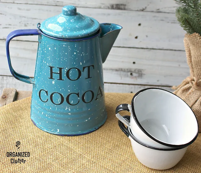 Upcycled Vintage Coffee Pot and Enamelware Decor Ideas #upcycle #coffeepots #enamelware #graniteware #vintage #stencil #oldsignstencils #imagetransfers #containergarden #holidaydecorating