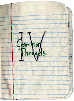 A book of cloth pages embroider to look like notebook paper. The Roman numeral IV and the words "Common Threads" are center in black and green thread.