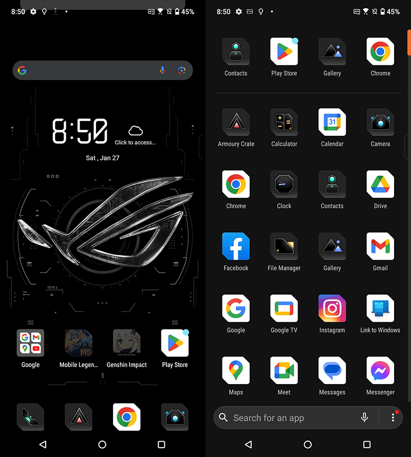 ROG Phone 8's Home screen and app drawer