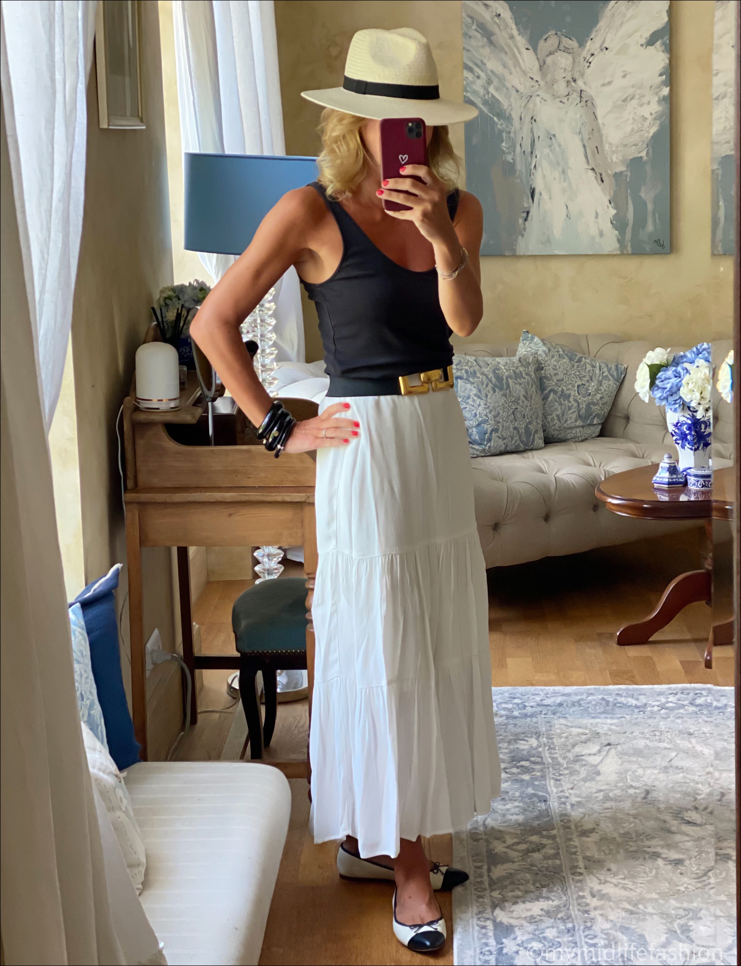 my midlife fashion, Zara Panama hat, and other stories ribbed vest top, Zara elasticated belt, phase eight tiered maxi skirt, Kurt geiger sandals