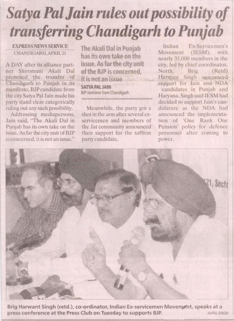 Brig. Harwant Singh (retd.), co-ordinaator, Indian Ex-serviceman movement speaks at a press conference at the press club on Thesday to supports BJP candidate Satya Pal Jain