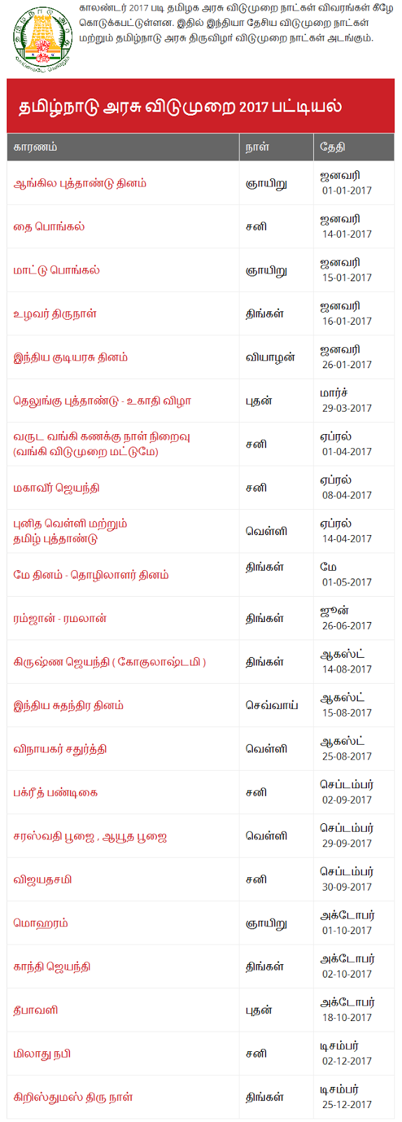Tamilnadu Government holidays 2017, Public holidays 2017 