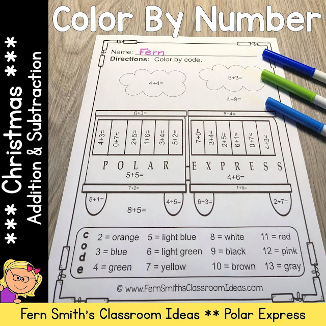 Christmas Polar Express Addition and Subtraction Color By Numbers Printables by Fern Smith's Classroom Ideas at TeacherspayTeachers, TpT.