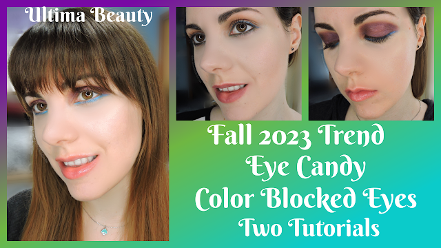 Collage of three photos: Ultima Beauty wearing color blocked eyeshadow (eyes opened), Ultima Beauty wearing color blocked eyeliner (eyes opened), Ultima Beauty wearing color blocked eyeshadow (eyes closed). Text reads: “Ultima Beauty Fall 2023 Trend Eye Candy Color Blocked Eyes Two Tutorials”