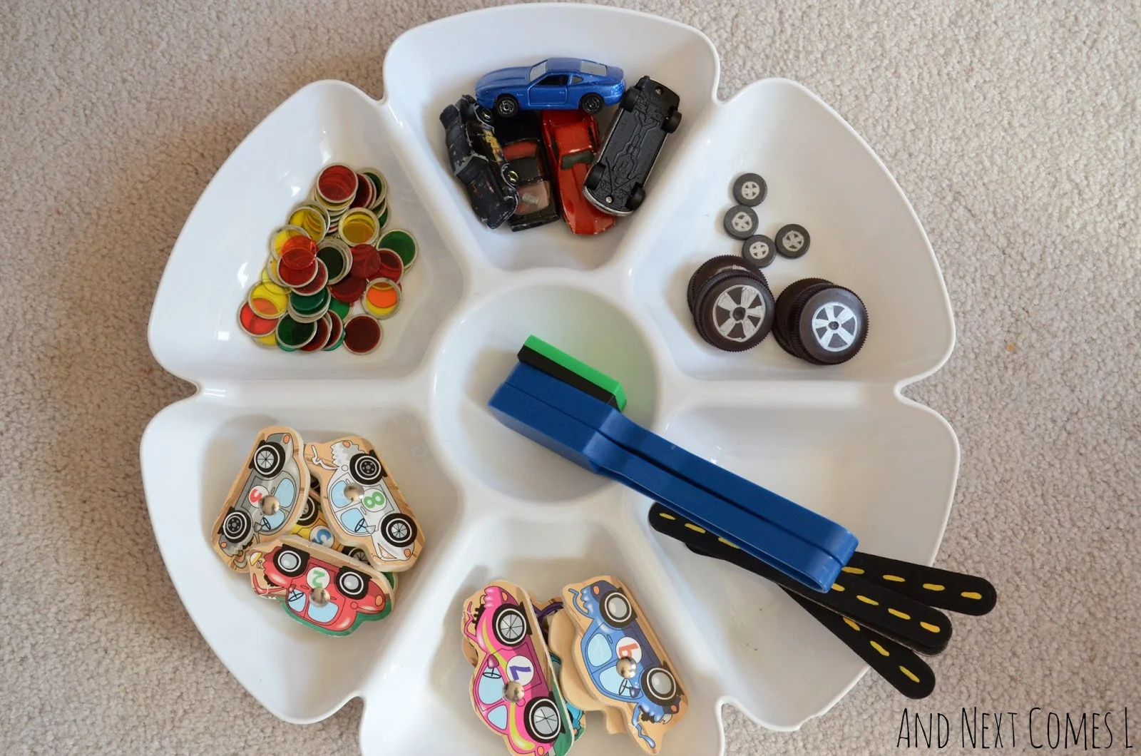 Simple science for toddlers and preschoolers using magnets with a car theme from And Next Comes L