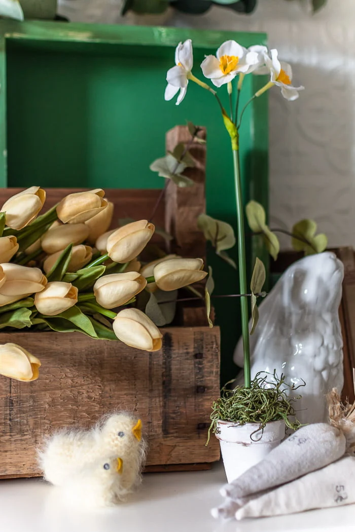 fuzzy chicks, rustic wood toolbox, faux tulips