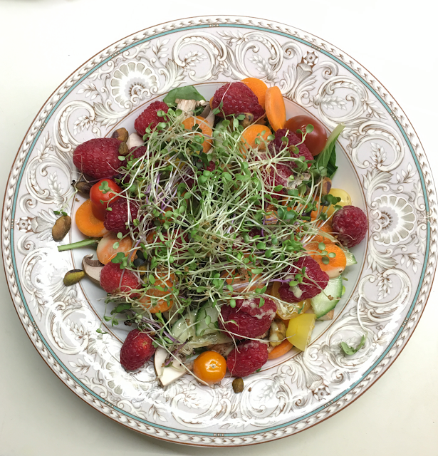 Large, colorful, salad topped with Hamama microgreens