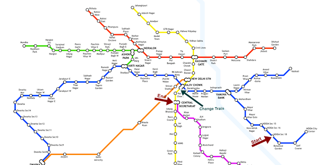 Metro Route Map to Rashtrapati Bhavan from Noida