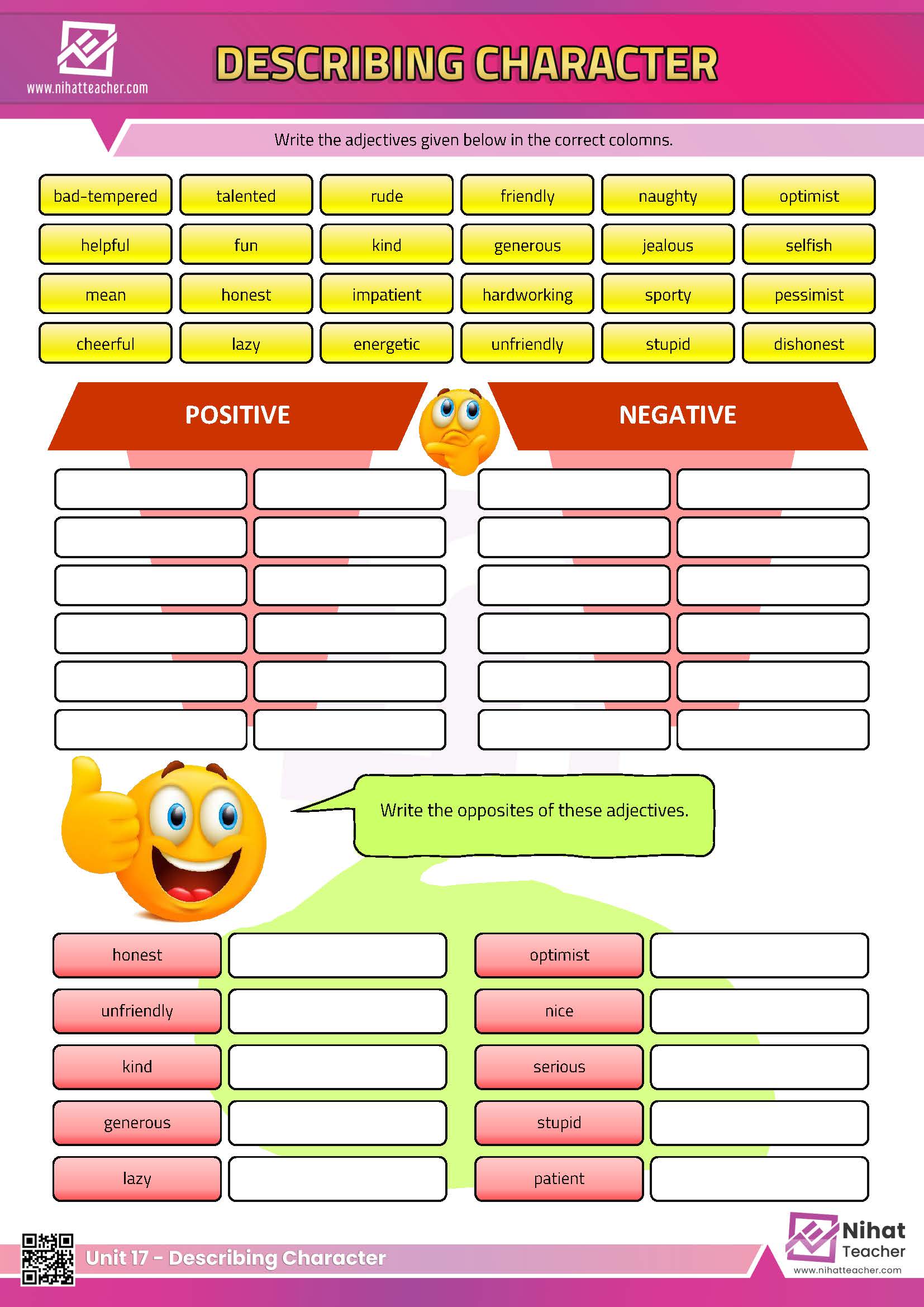 Describing people's character - personality adjectives - in English.   Practise English Vocabulary. A downloadable PDF worksheet  about describing people's character - personality adjectives - in English.