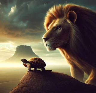 a lion and tortoise standing at the Mountain of Storms