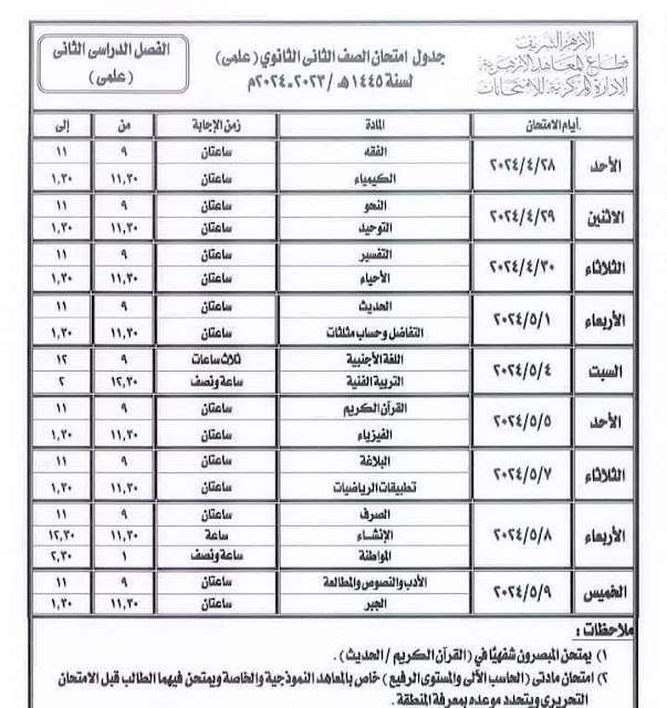 جدول امتحان الصف الثاني الثانوي ترم تانى 2024 علمى