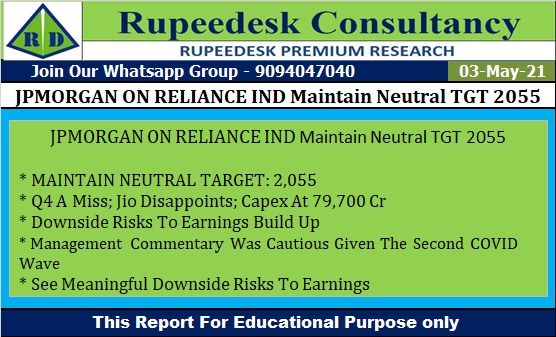 JPMORGAN ON RELIANCE IND Maintain Neutral TGT 2055 - Rupeedesk Reports - 03.05.2021