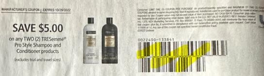 $5.00/2 Tresemme Pro Style Shampoo Or Conditioner Products Coupon from "SAVE" insert week of 10/16/22