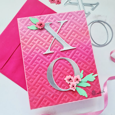 Altenew connected 3 D embossing folder, XO card, Valentines day card, Altenew classic alphabet dies, Quillish, Altenew Painted blooms