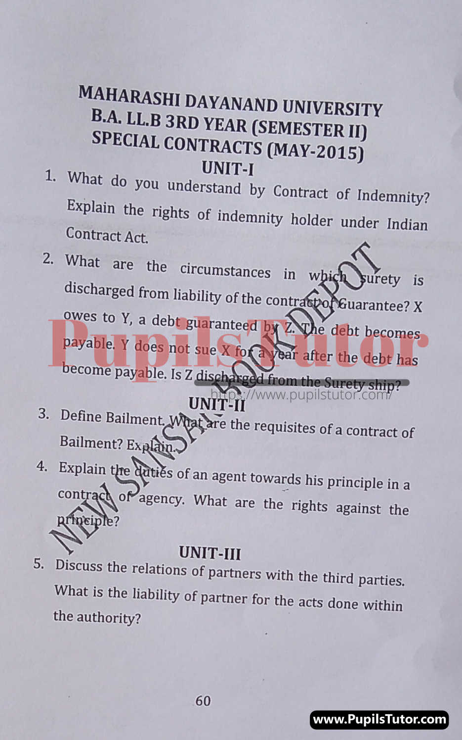 MDU (Maharshi Dayanand University, Rohtak Haryana) LLB Regular Exam (Hons.) Second Semester Previous Year Special Contracts Question Paper For May, 2015 Exam (Question Paper Page 1) - pupilstutor.com