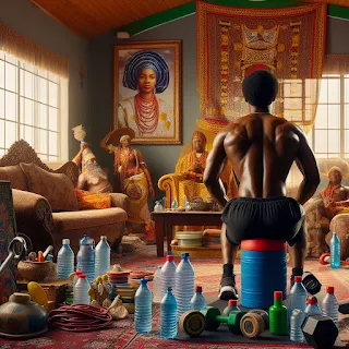 Image of a person working out in a home gym, surrounded by makeshift gym equipment such as water bottle weights and resistance bands. In the background, traditional Nigerian décor and cultural elements are visible, providing a glimpse into the fusion of fitness and Nigerian heritage."