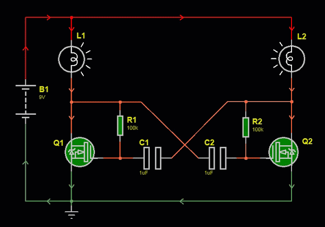 astable multivibrator using MOSFET animation
