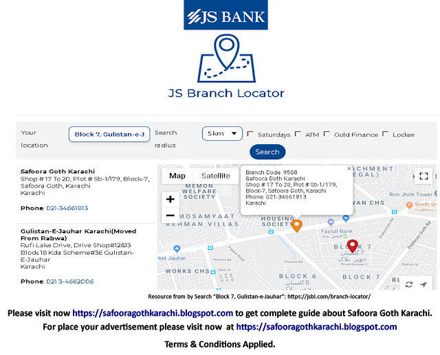 JS Bank Safoora Branch Karachi Contact number details with Location Map