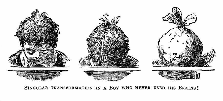 an 1800s cartoon about school, "Singular transformation in a boy who never used his brains!"