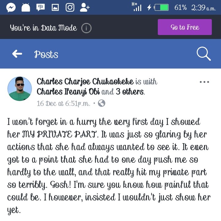 A Facebook user reveals why he does not like showing ladies his private part.