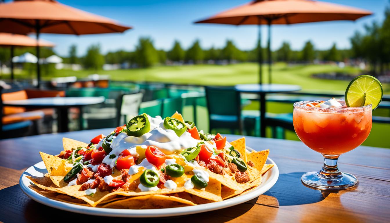 A platter of nachos piled high with cheese, salsa, and jalapeños at Topgolf
