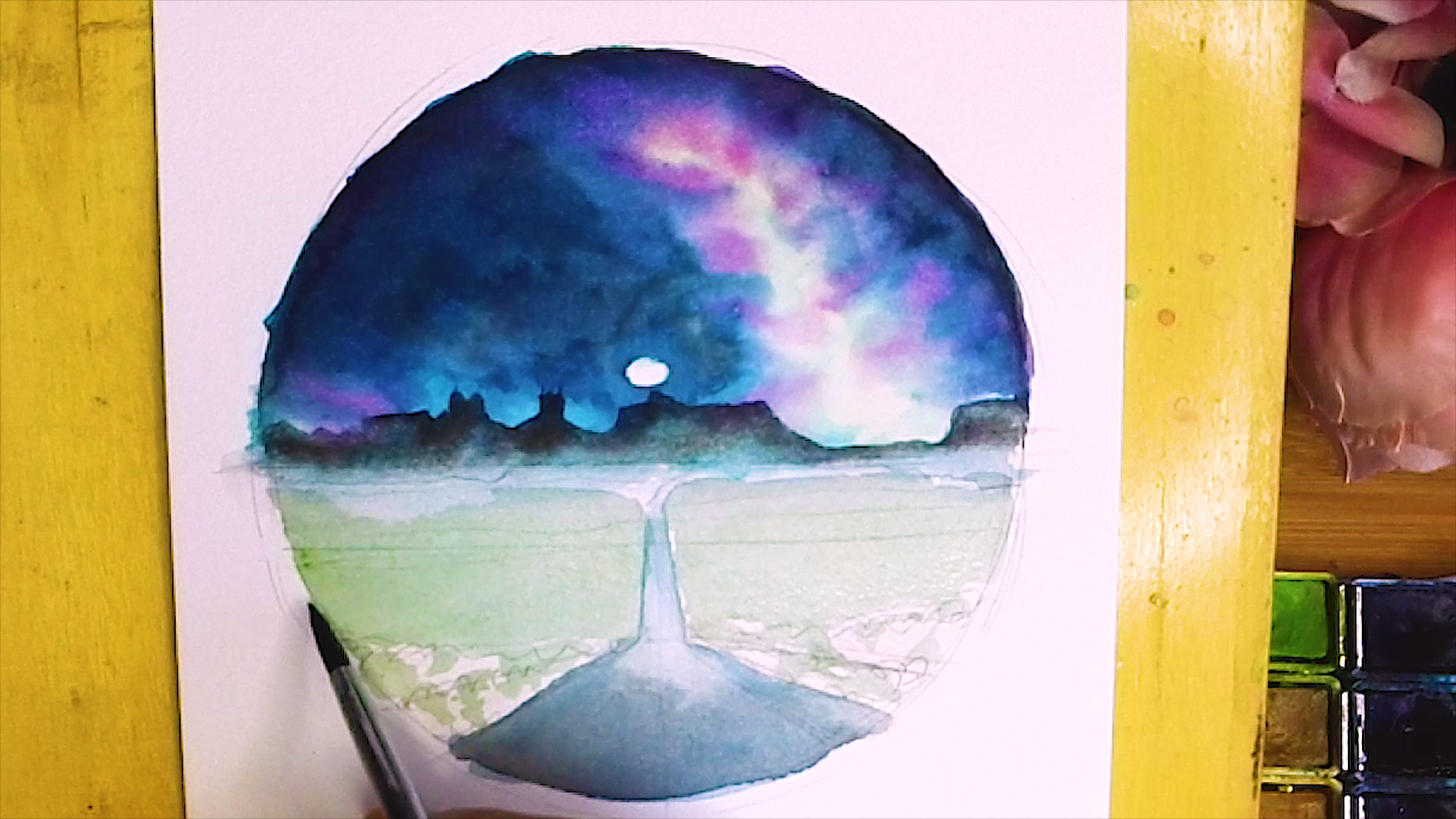 Watercolor galax night sky landscape step by step tutorial for beginner|How to draw night landscape