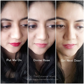 FACES Ultime Pro Matte Lip Crayons: Put-Me-On, Divine-Rose and Girl-Next-Door Swatches