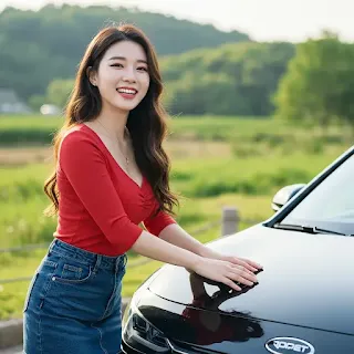 자신의 자동차를 관리하는 여성 이미지