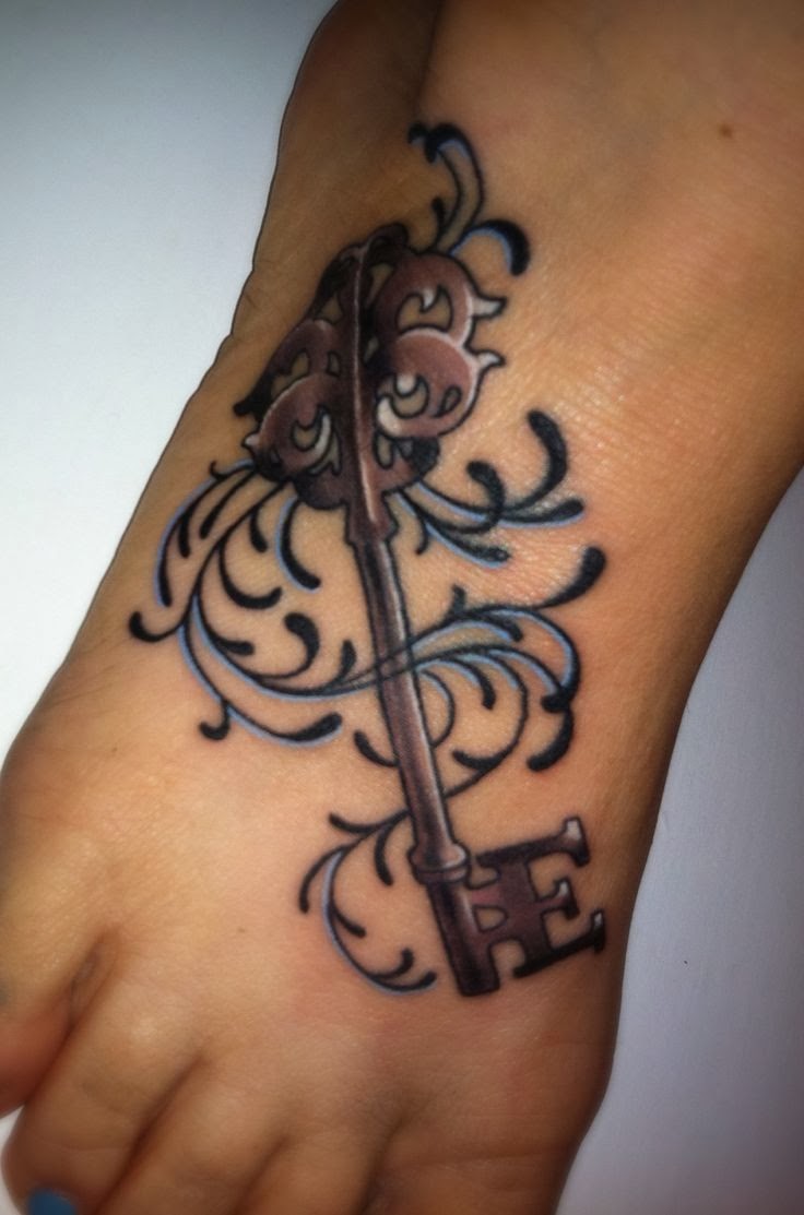 Skeleton key tattoo, letter E for my son's first name, blue topaz 