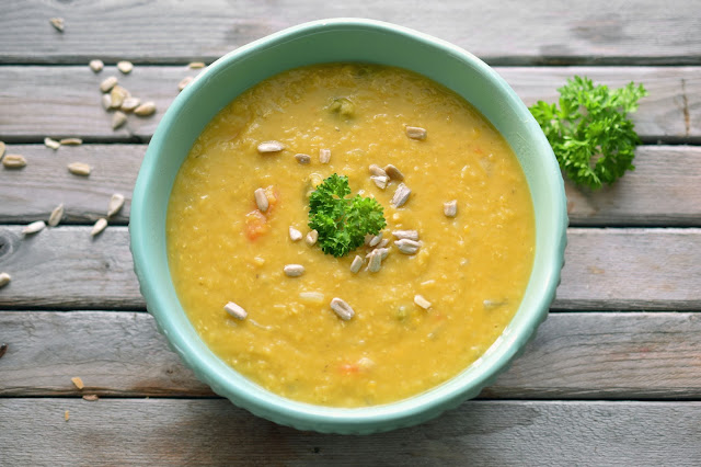 Red Lentil and Vegetable Soup requires very few ingredients and practically cooks itself. Nutritious, tasty, vegan and gluten-free. Great for all seasons.