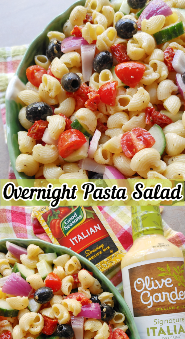 Overnight Pasta Salad | Absolutely THE BEST pasta salad recipe made by mixing hot, cooked pasta with prepared Italian dressing AND dry Italian dressing seasoning mix to marinate overnight.