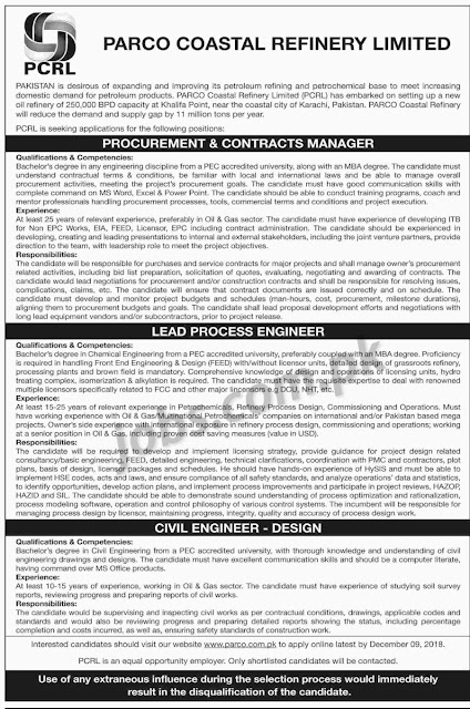 PARCO Coastal Refinery Ltd (PCRL) Jobs 2019