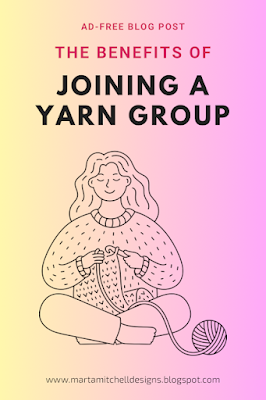 Text: Ad free blog post,  The Benefits of Joining A Yarn Group. Image: drawing of a woman with long hair sitting cross legged and crocheting, A ball of yarn is on the floor at her left hand side.