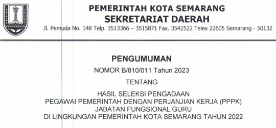 Pengumuman Hasil Seleksi PPPK Guru Kota Semarang Provinsi Jawa Tengah Tahun 2022-2023