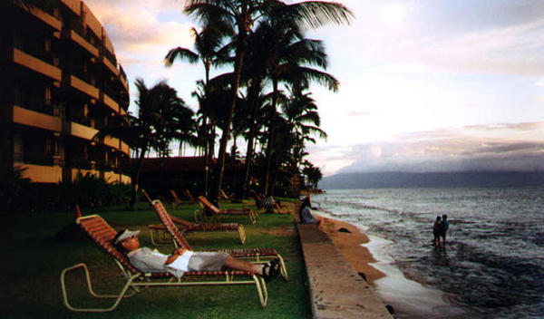 Chillin' at a Maui beach resort with the island of Lanai visible in the distance.