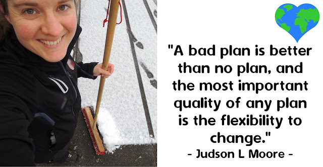 Picture of Erlijn shoveling snow and the word 'A bad plan is better than no plan; and the most important quality of any plan is the flexibility to cahnge