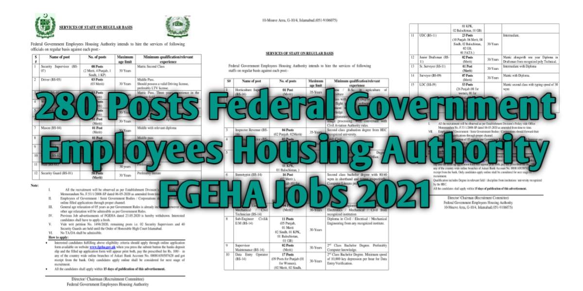 280 Posts Federal Government Employees Housing Authority FGEHA Jobs 2021 For Supervisor, Inspector Revenue, Computer Technician, Data Entry Operator, UDC, Surveyor, LDC & more