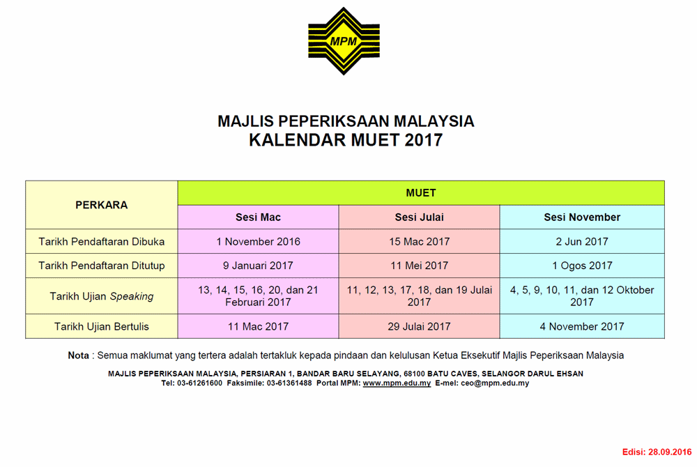 Jadual Pendaftaran dan Peperiksaan MUET 2017