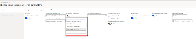 Selection options for the Deferral stat date are in the Revenue and expense deferral transactions parameters. Transaction date, Beginning of Current month, Beginning of next month, or Rule of 15.
