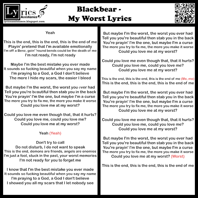 Blackbear - My Worst Lyrics | lyricsassistance.blogspot.com